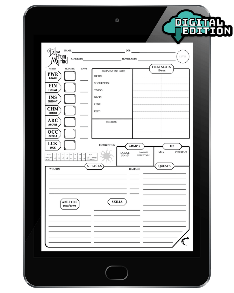 Tales From Myriad: Character Sheets - Digital